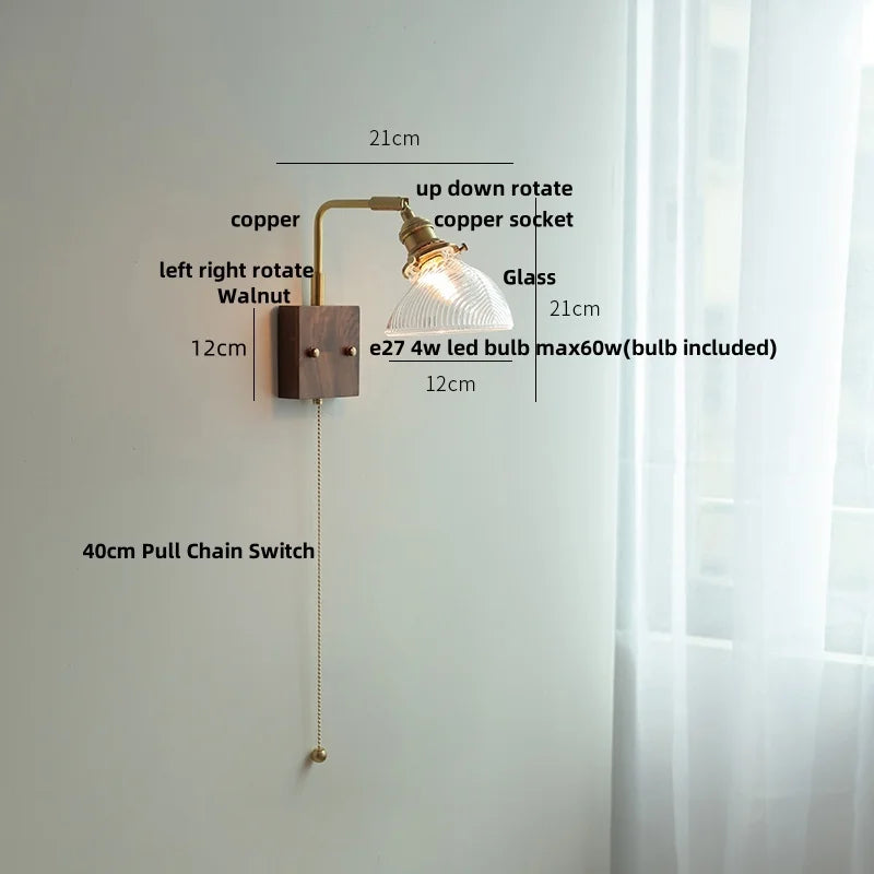 Helnys Walnut Wood LED Wall Sconce Vintage Copper Toggle Switch Lamparas