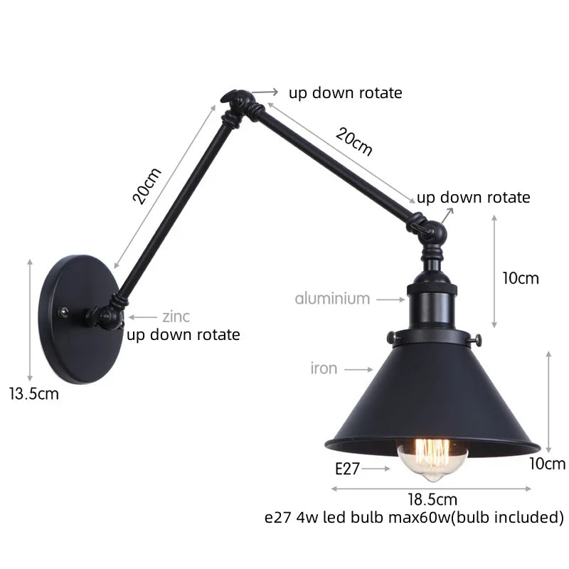 Helnys Vintage Iron LED Wall Lamp with Pull Chain Switch