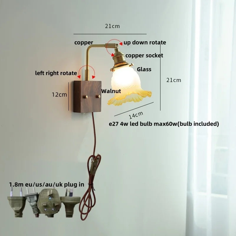 Helnys Brass Walnut Wood LED Wall Sconce Rotatable Glass Stair Light