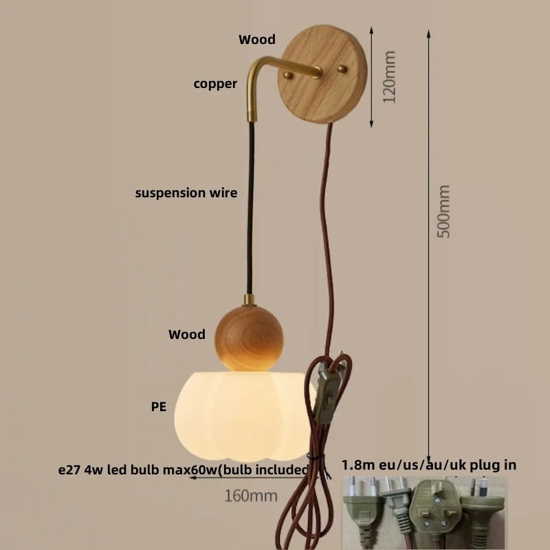 Helnys Wood Adjustable LED Wall Lamp Sconce Pull Chain Switch, Art Ambient Light