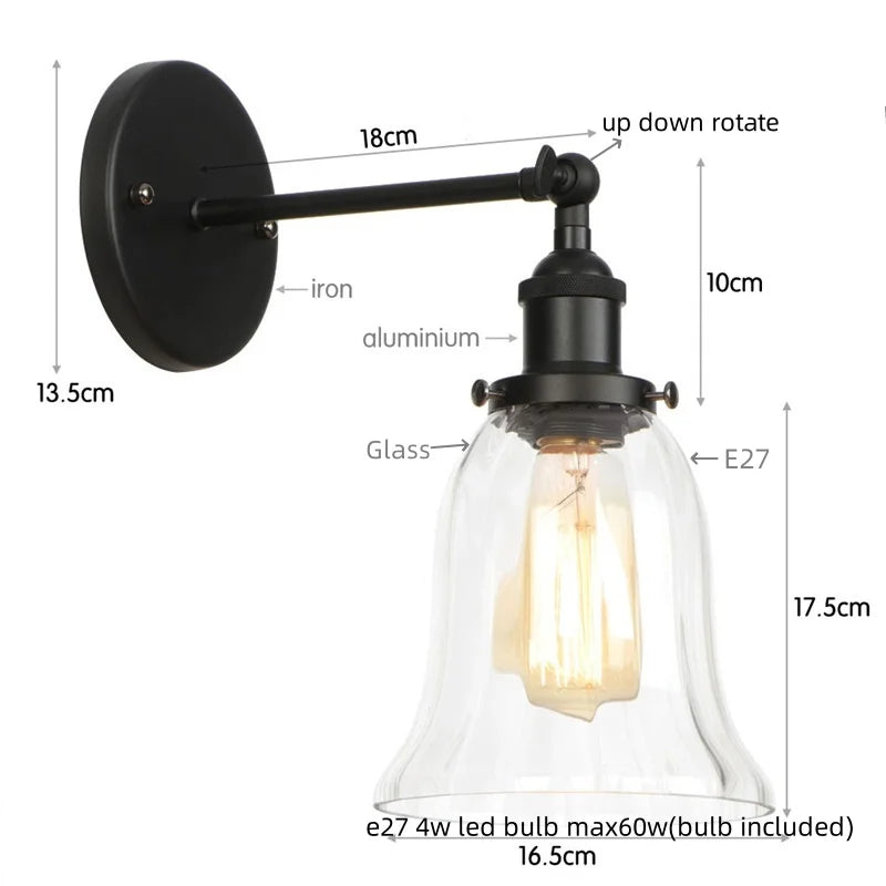 Helnys Vintage LED Glass Wall Sconce with Pull Chain Switch