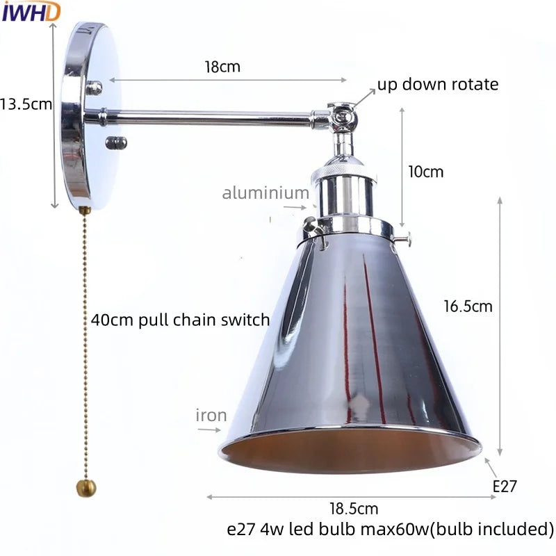 Helnys Industrial Iron LED Wall Lamp Plug In Stair Light Fixture Bedroom Aisle Vintage