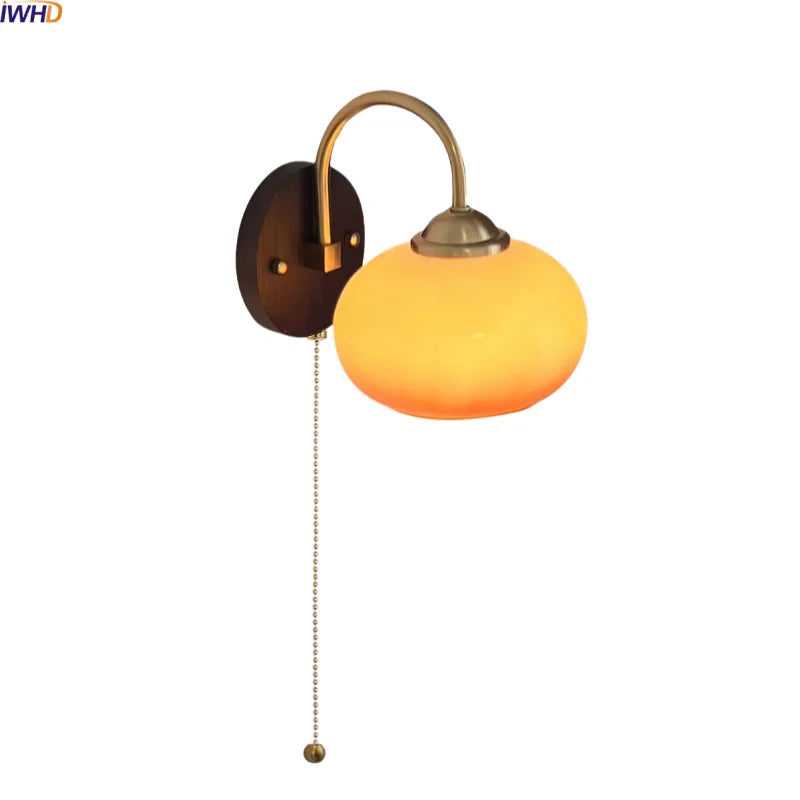 Helnys Nordic Round Glass LED Wall Lights with Wood Base