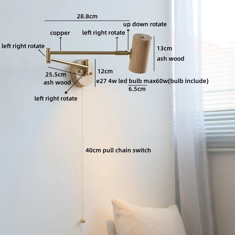 Helnys Ash Wood Swing Arm LED Wall Sconce - Up Down Rotate Bedside Lamp
