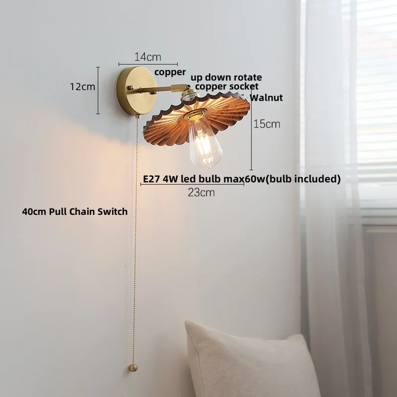 Helnys Wood LED Wall Sconce Pull Chain Switch Up Down Rotatable Bathroom Mirror Light