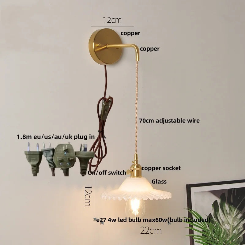 Helnys White Glass LED Wall Lamp with Pull Chain Switch - Nordic Modern Design
