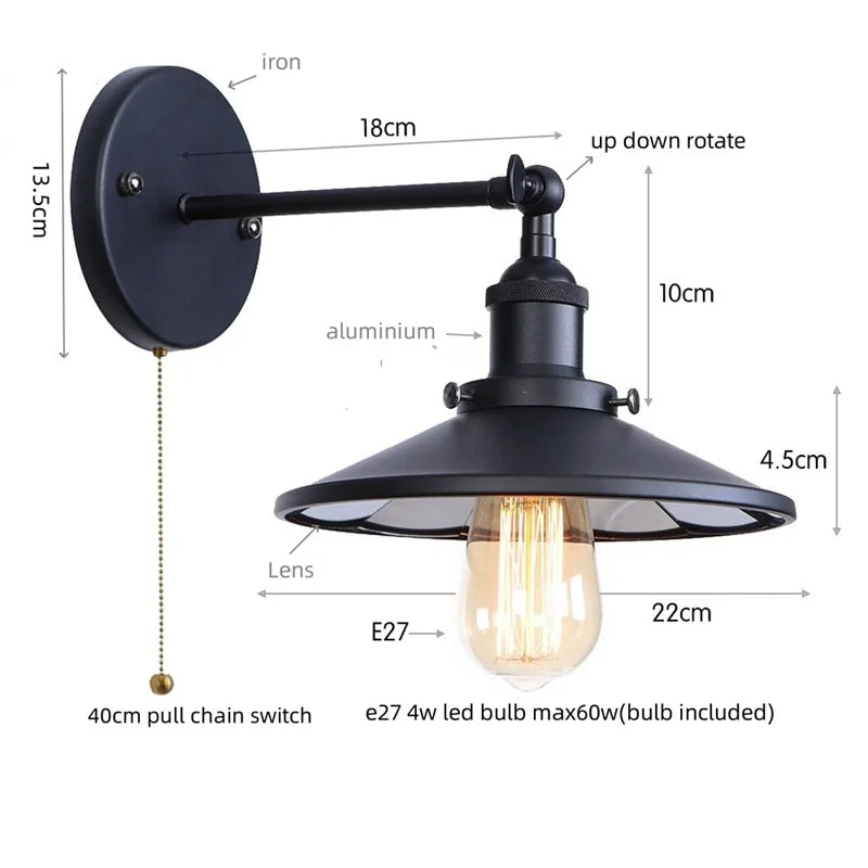 Helnys Vintage LED Pull Chain Wall Lights Lens Stair Reading Bedside Lamp Iron Lightings