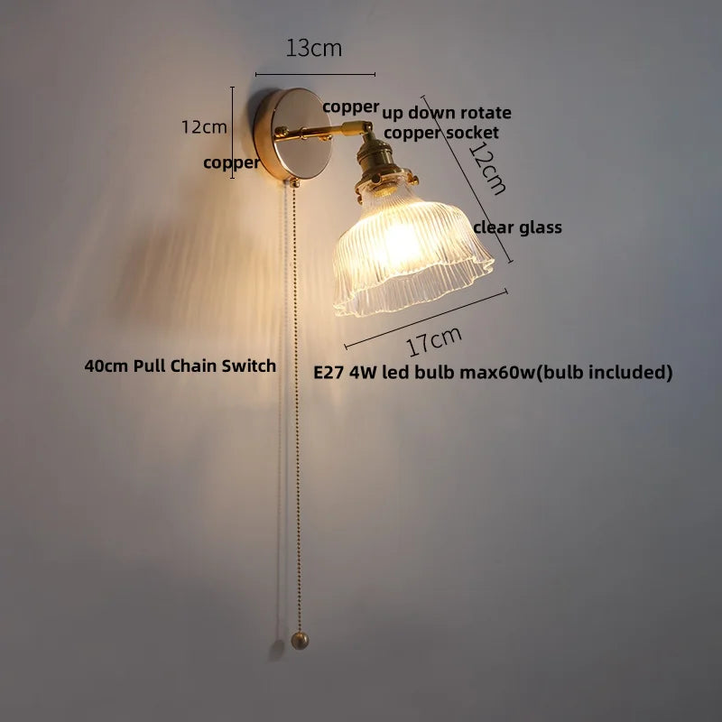 Helnys Rotatable Glass LED Wall Sconce Reading Lamp with Pull Chain Switch
