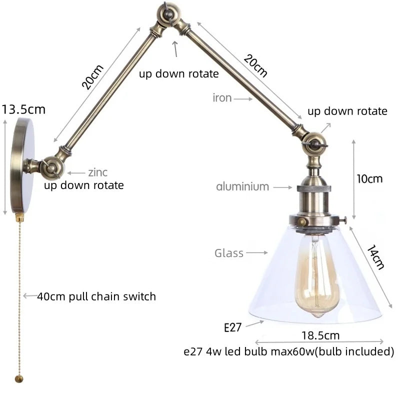 Helnys Industrial Vintage Swing Arm LED Lamp with Pull Chain Switch