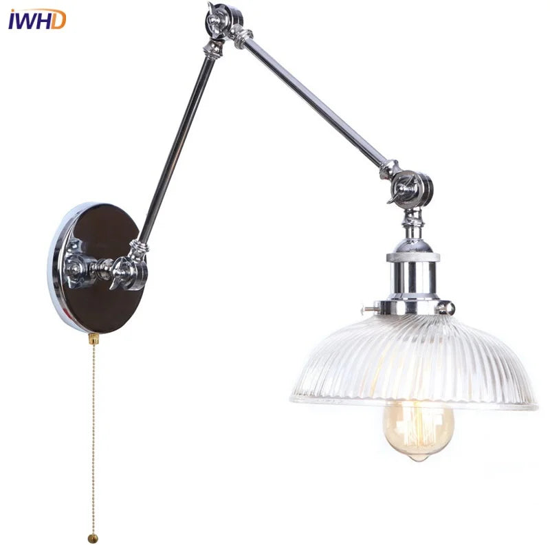 Helnys Retro Loft LED Wall Lights Pull Chain Switch Chrome Clear Glass Vintage Fixture