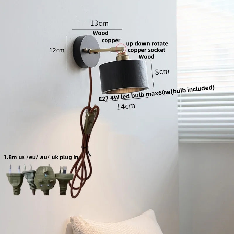 Helnys Ceramic LED Wall Lamp with Wood Canopy, Up Down Rotate, Pull Chain Switch
