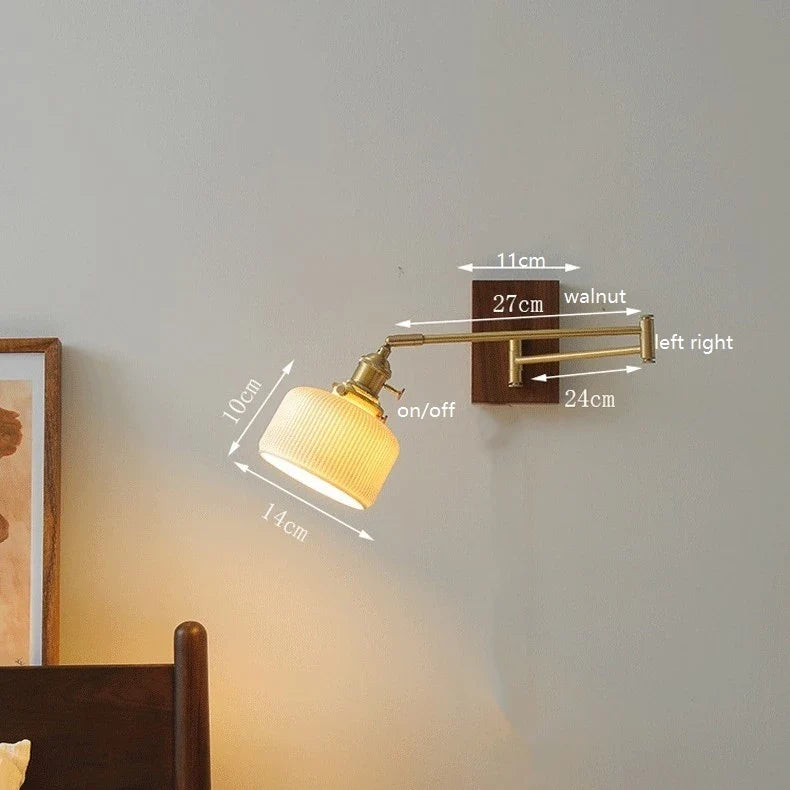 Helnys Walnut Canopy Copper LED Wall Lamp with Rotate Ceramic Lampshade