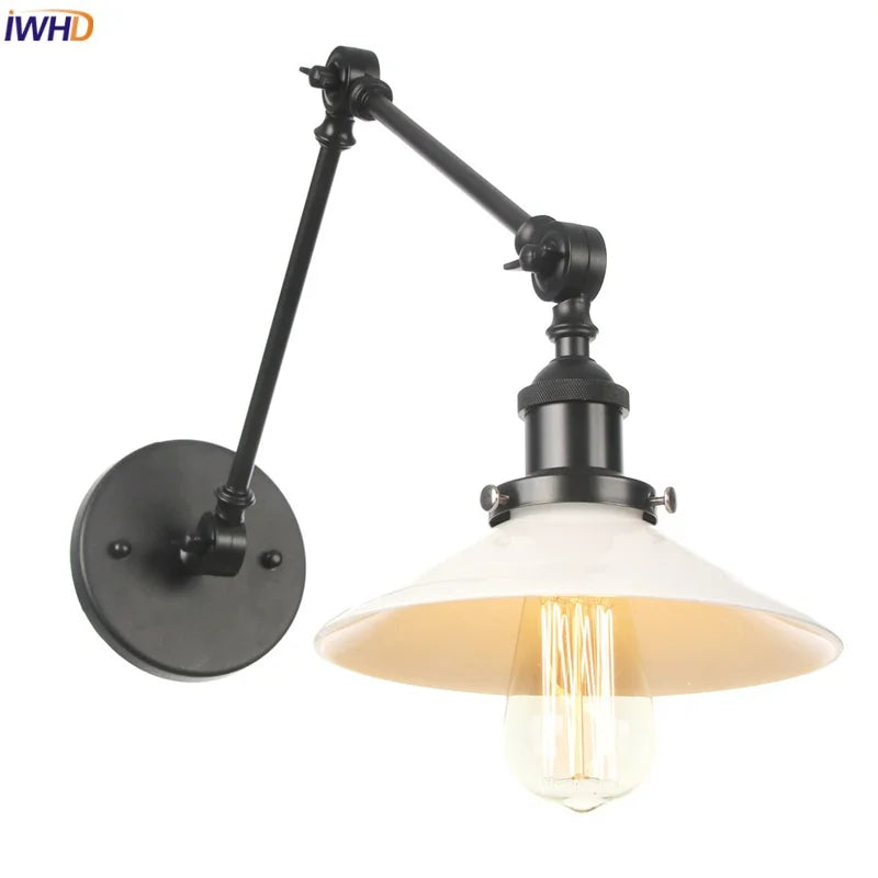 Helnys Vintage Swing Arm Wall Lamp with White Glass Shade