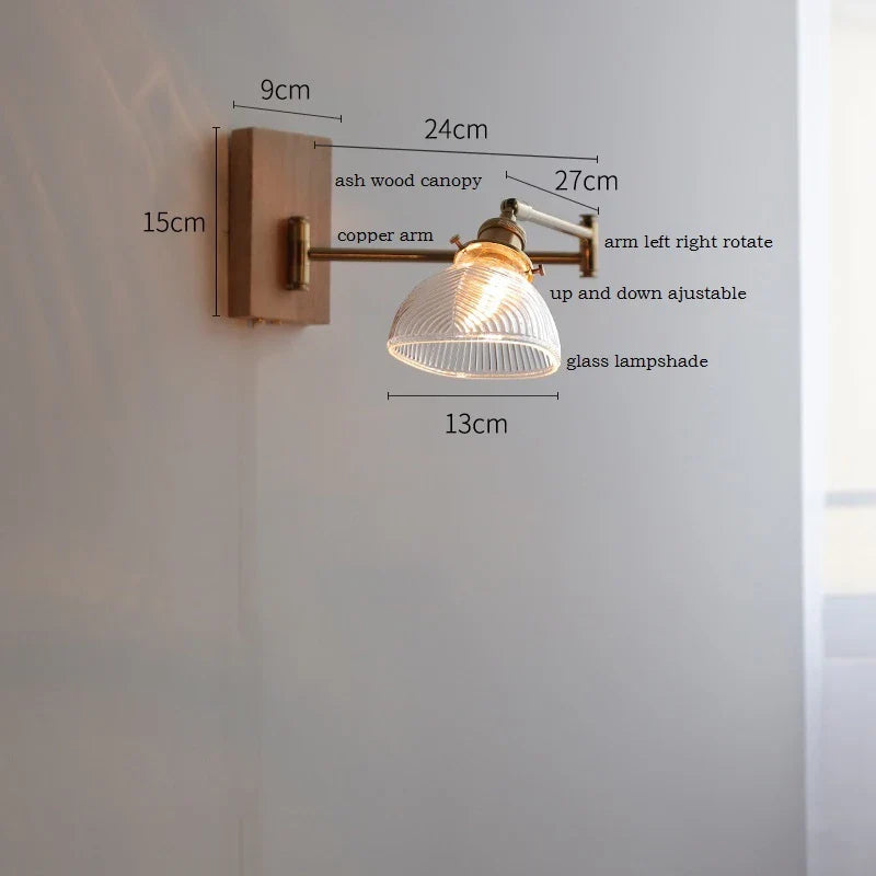 Helnys Clear Glass Copper LED Wall Lights with Pull Chain Switch and Walnut Wood Canopy