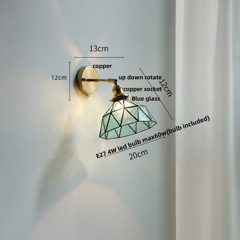 Helnys Tiffany Blue Glass LED Wall Sconce with Rotate Copper Pull Chain Switch