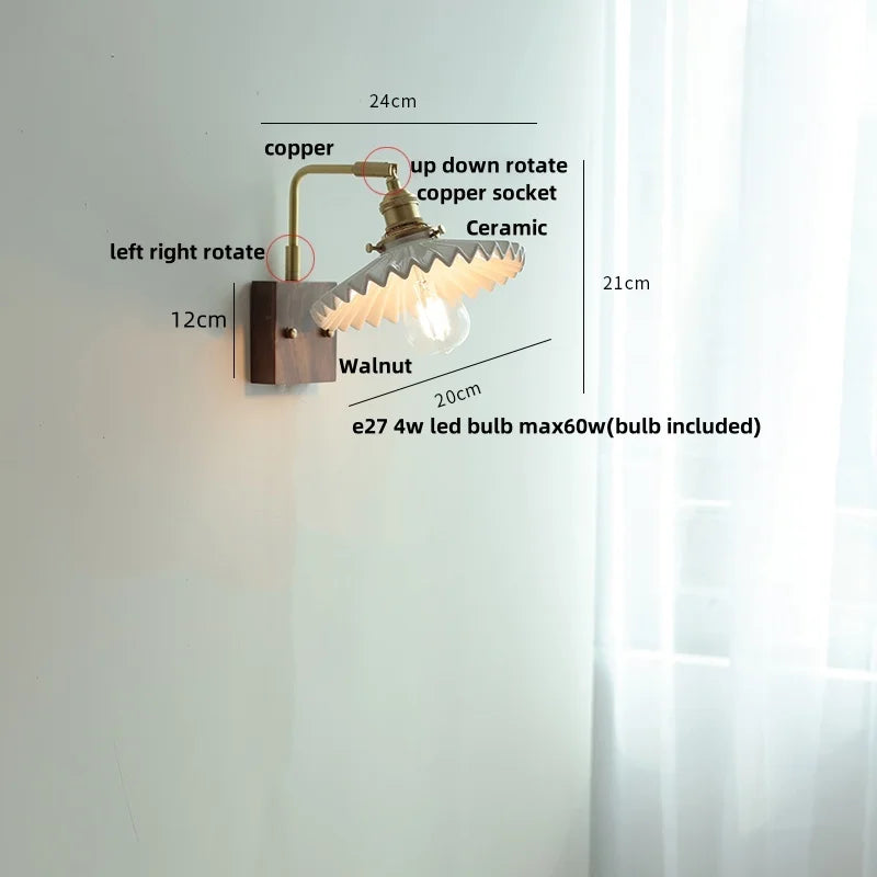 Helnys Nordic Modern Walnut Wood LED Wall Lamp with Rotatable Ceramic Copper Switch