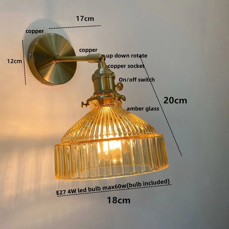 Helnys Copper Socket LED Wall Lamp Clear Glass Pull Chain Switch
