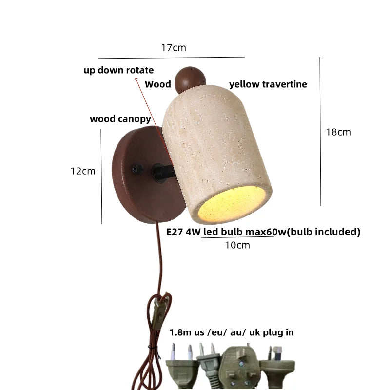 Helnys Rotating LED Wall Light Fixture with Pull Chain Switch Yellow Travertine Wood Decor