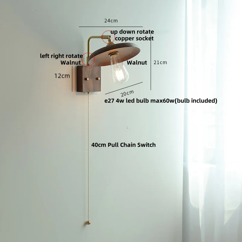 Helnys Walnut Wood LED Wall Sconce Vintage Copper Toggle Switch Lamparas