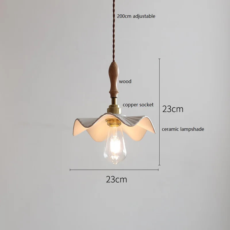 Helnys Wood Handle Copper LED Pendant Lights Fixture Modern Hanging Lamp