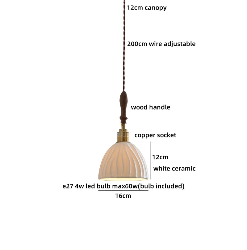 Helnys Ceramic LED Pendant Lamp with Wood Handle and Copper Socket