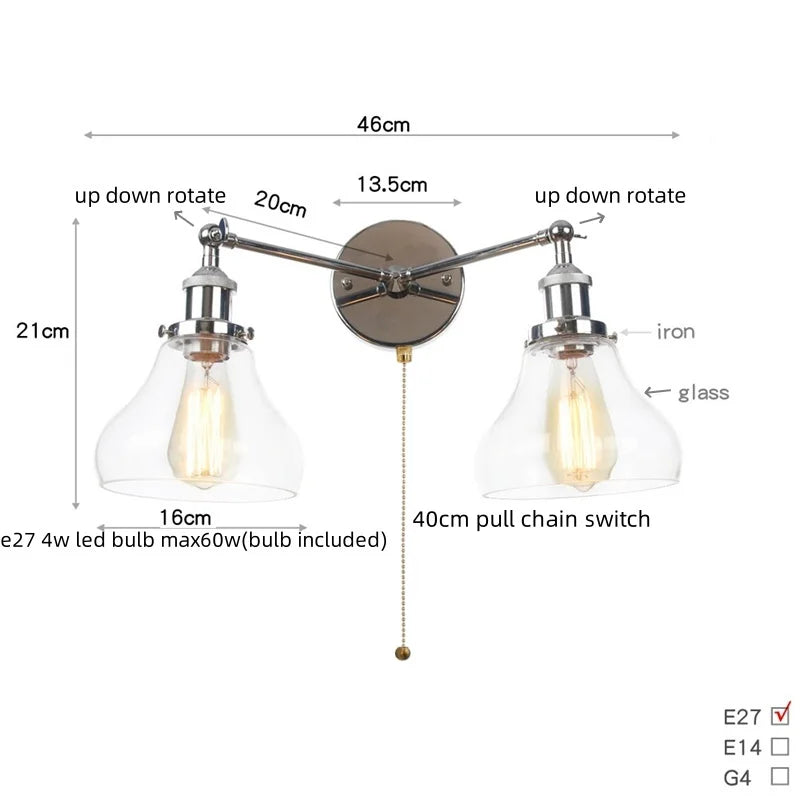 Helnys Retro LED Wall Light Fixtures with Pull Chain Switch, Industrial 2 Heads Sconce