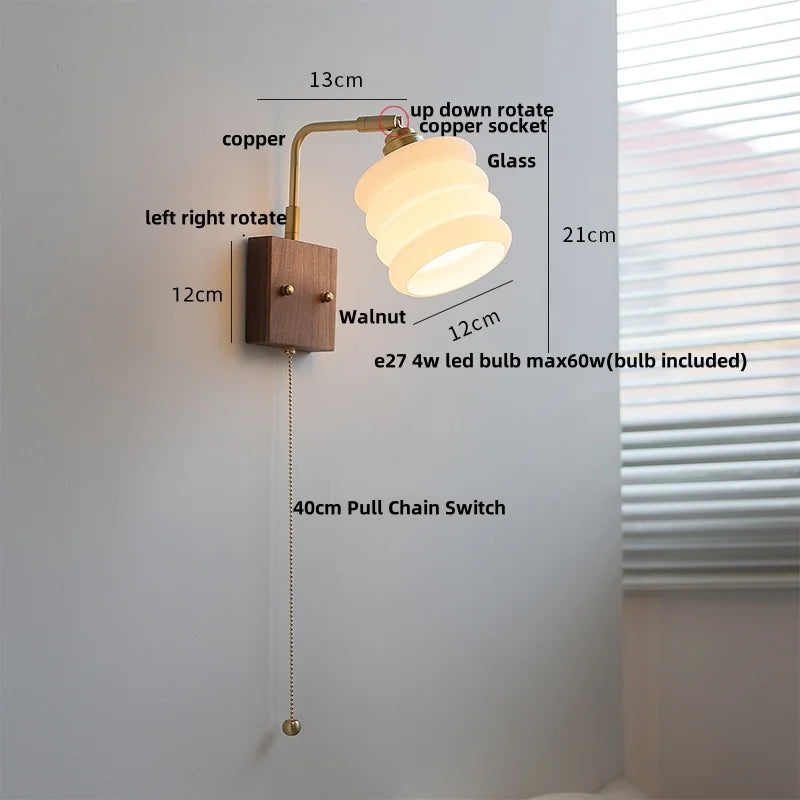 Helnys Rotatable Nordic Glass Wall Sconce with Pull Chain Switch