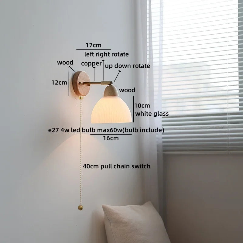 Helnys White Ceramic LED Wall Sconce Lamp Wooden Socket Stair Light Fixtures