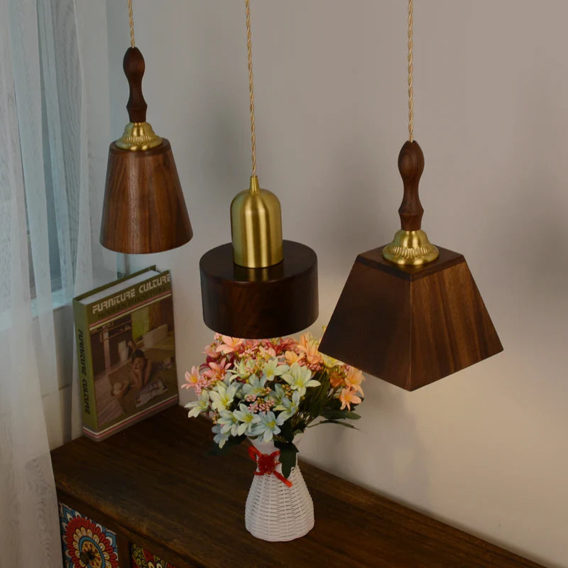 Helnys Walnut Wood LED Pendant Light Fixture for Bedroom Living Room