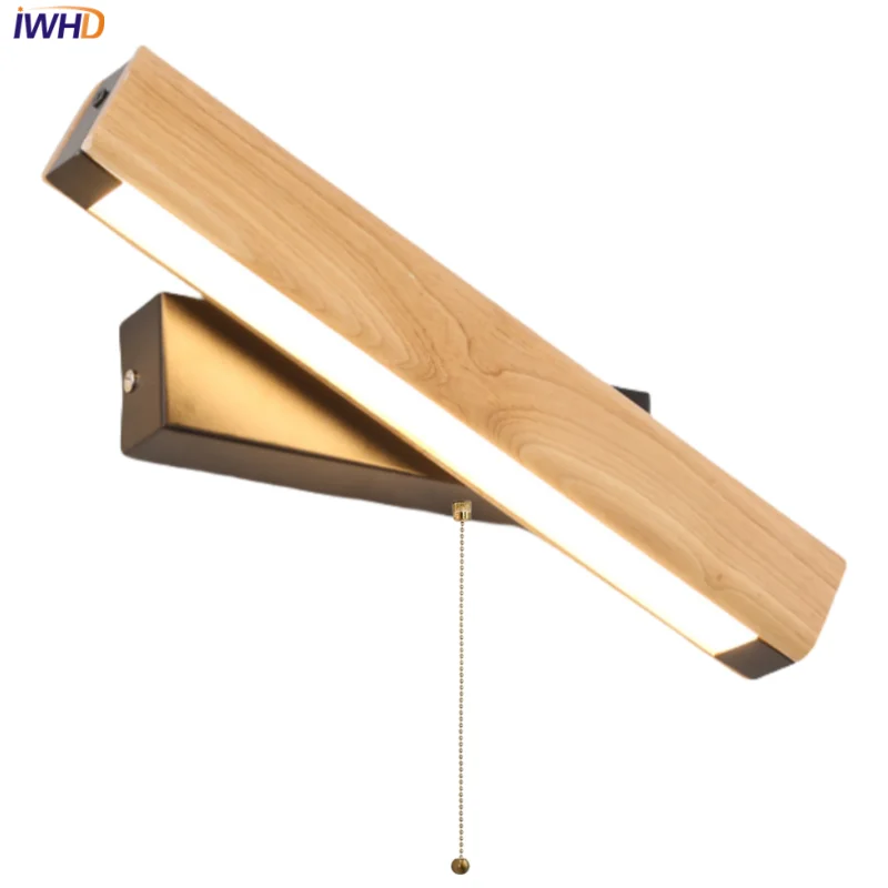 Helnys Nordic LED Wall Sconce Pull Chain Switch Wood Modern Stair Light Fixtures