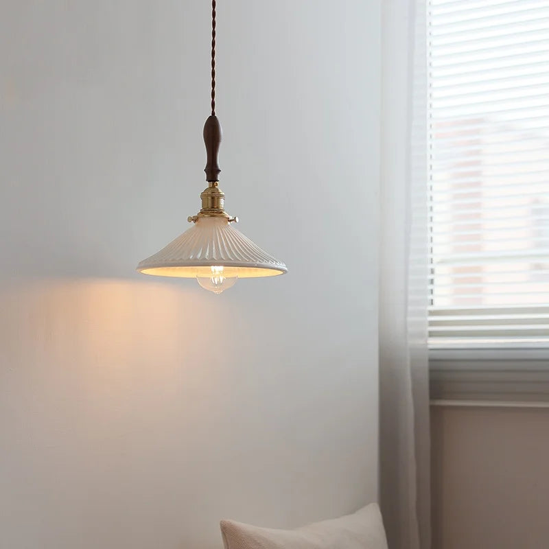 Helnys Ceramic Wood Copper LED Pendant Light Stair Bar Bedroom Cafe Hanging Lamp