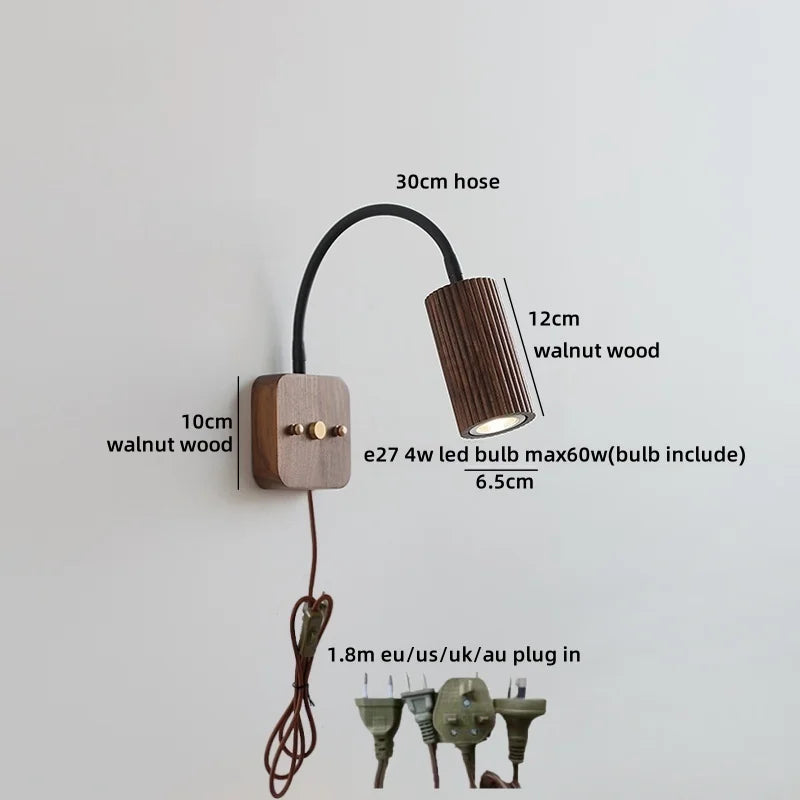 Helnys Walnut Wood LED Wall Lamps 30cm Black Hose Modern Nordic Bathroom Lights