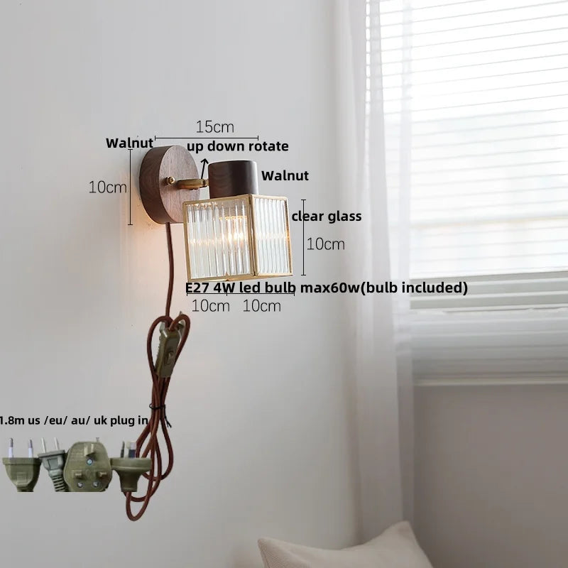 Helnys LED Wall Lights Nordic Modern Pull Chain Clear Glass Walnut Wood Wall Lamp