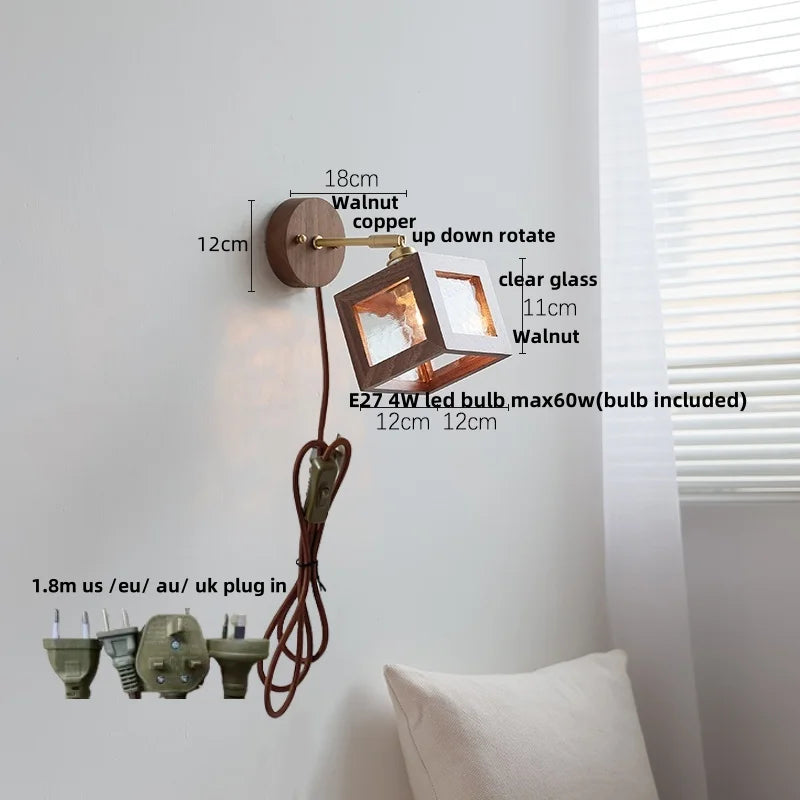 Helnys Walnut Wood LED Wall Sconce Glass Bathroom Light