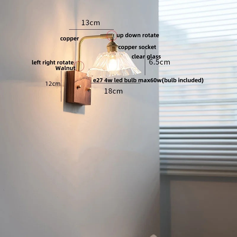 Helnys Nordic LED Wall Light Walnut Copper Clear Glass Sconce
