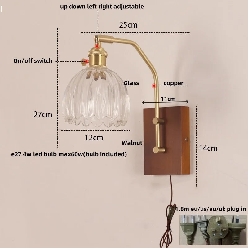 Helnys LED Glass & Wood Wall Lamp with Pull Chain Switch for Living Room