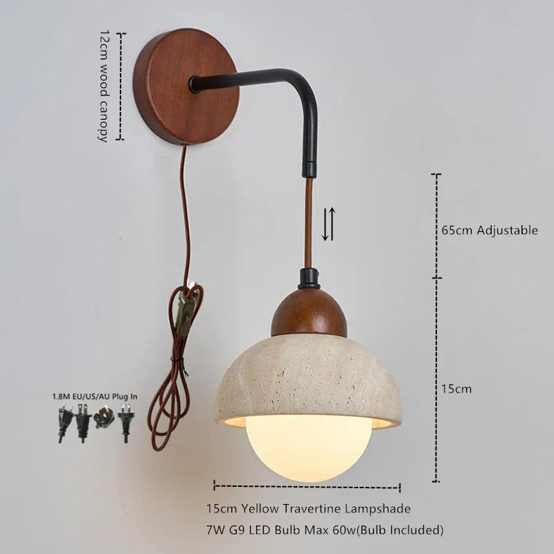 Helnys Mushroom LED Wall Light: Walnut Canopy, Yellow Travertine Wall Lamp