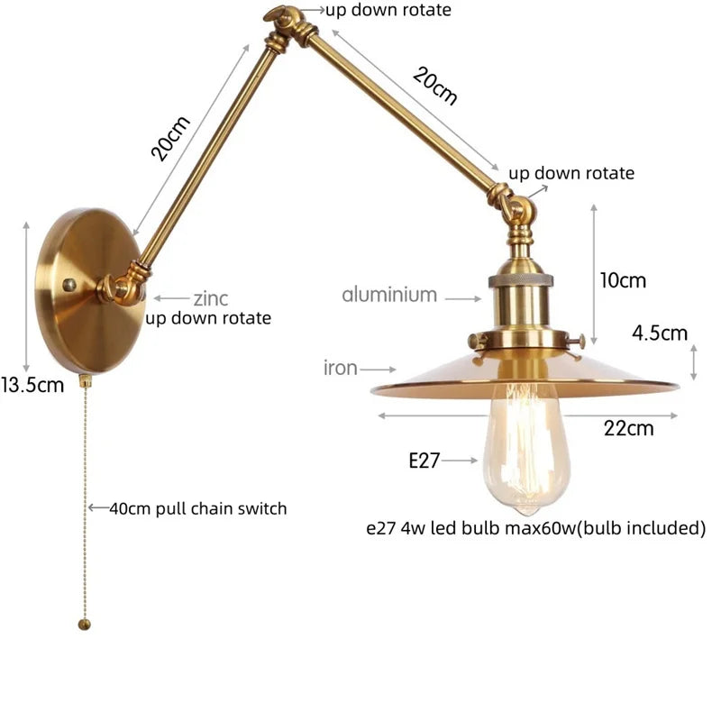 Helnys Vintage Industrial Style Long Arm LED Wall Sconce Bedside Lamp