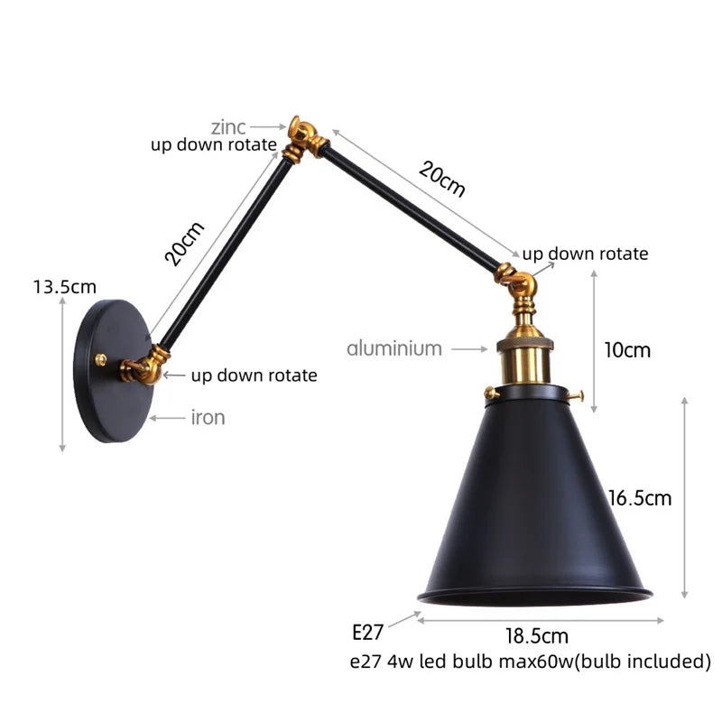 Helnys Retro LED Swing Arm Wall Sconce Black Industrial Vintage Loft Lamp
