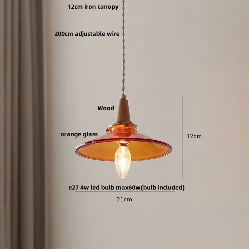 Helnys Wood Amber Glass LED Pendant Light Fixture - Nordic Modern Hanging Lamp