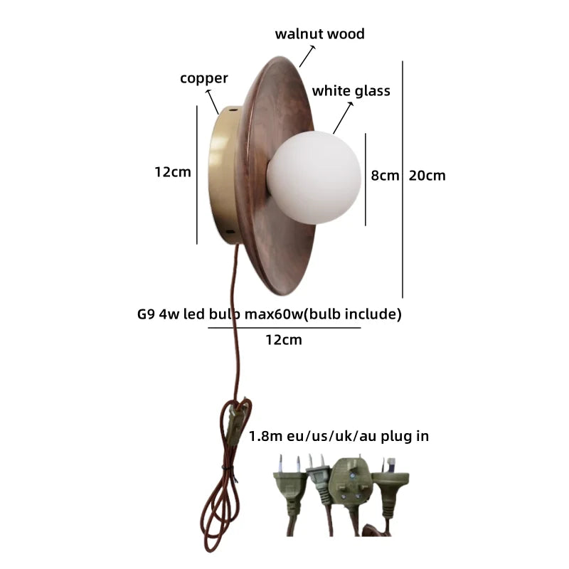 Helnys Round Wood Glass Ball LED Wall Sconces Bedroom Living Room Bathroom Lighting Fixtures