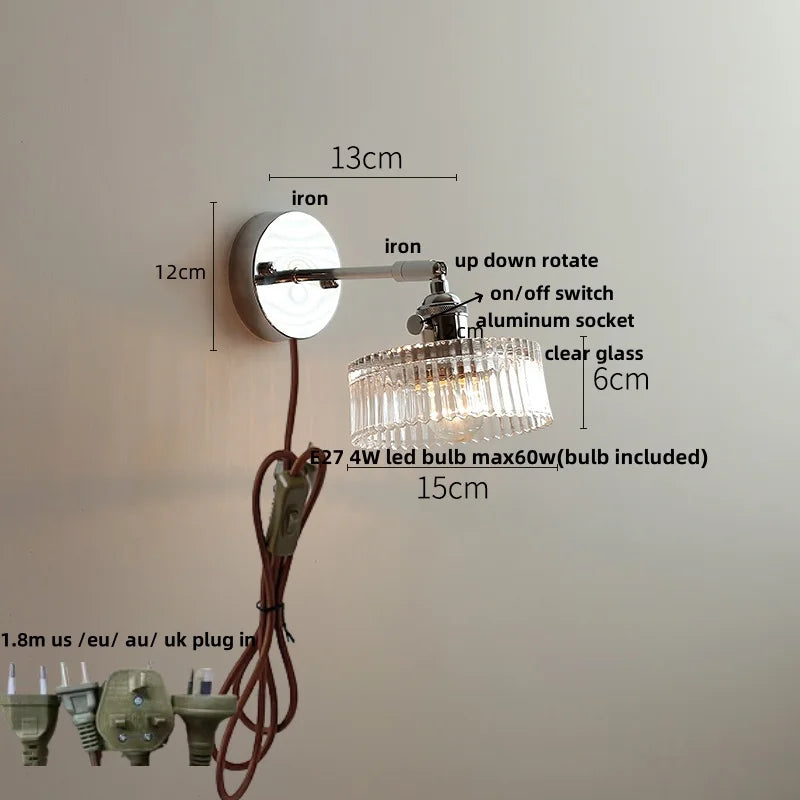 Helnys Clear Glass LED Wall Sconce Pull Chain Switch Modern Iron Bathroom Light