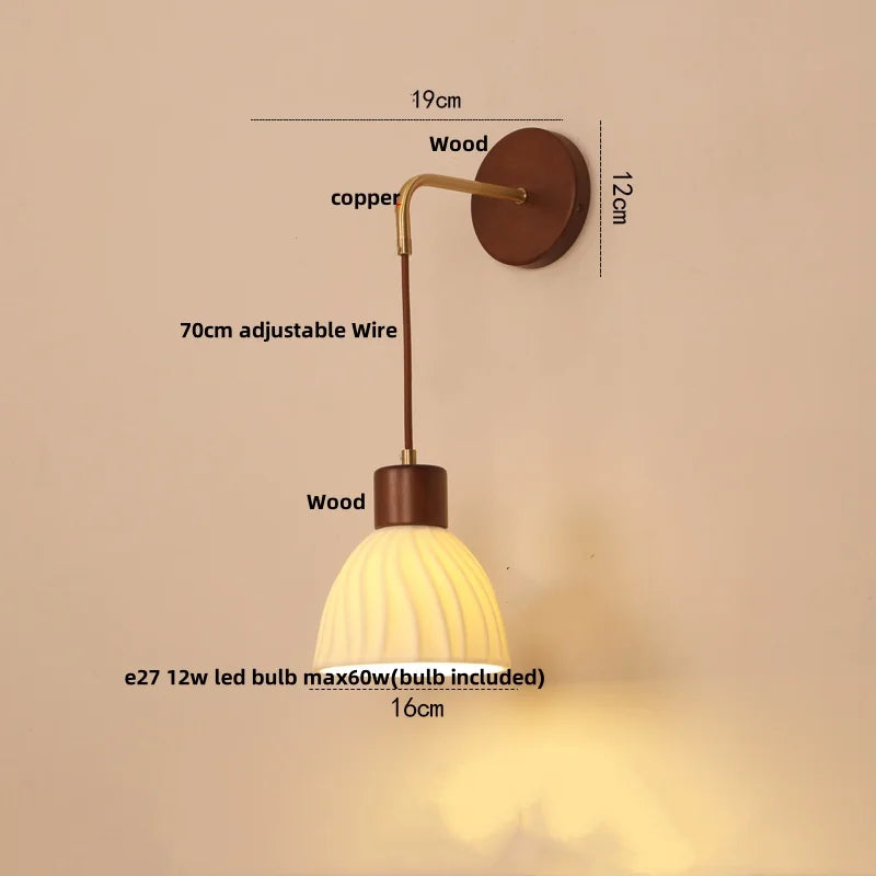 Helnys Adjustable LED Wall Light Fixture Ceramic Wood Base Bedside Lamp