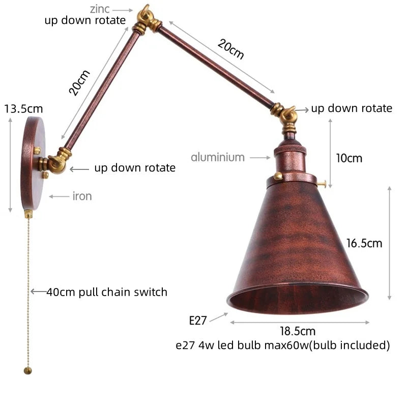 Helnys Retro LED Swing Arm Wall Sconce Black Industrial Vintage Loft Lamp
