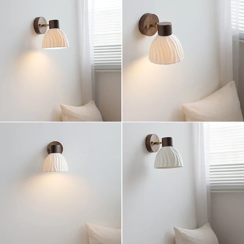 Helnys Modern LED Wall Light Fixture White Ceramic Walnut Wood Bedside Lamp