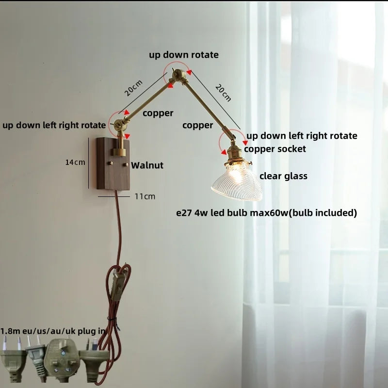 Helnys Copper LED Swing Arm Wall Sconce Walnut Finish, Pull Chain Switch Home Decor