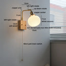 Helnys Nordic Decor LED Wall Sconce Gold Brass White Glass Pull Chain Bedroom Bedside Lamp
