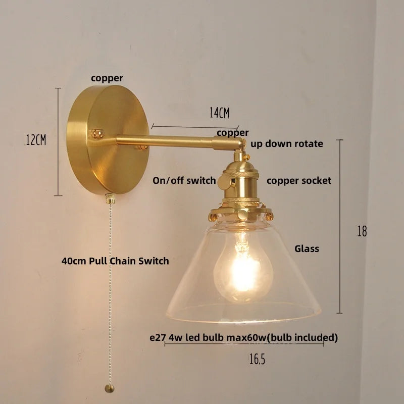 Helnys Nordic LED Wall Light Glass Up Down Rotate Copper Bedside Lamp