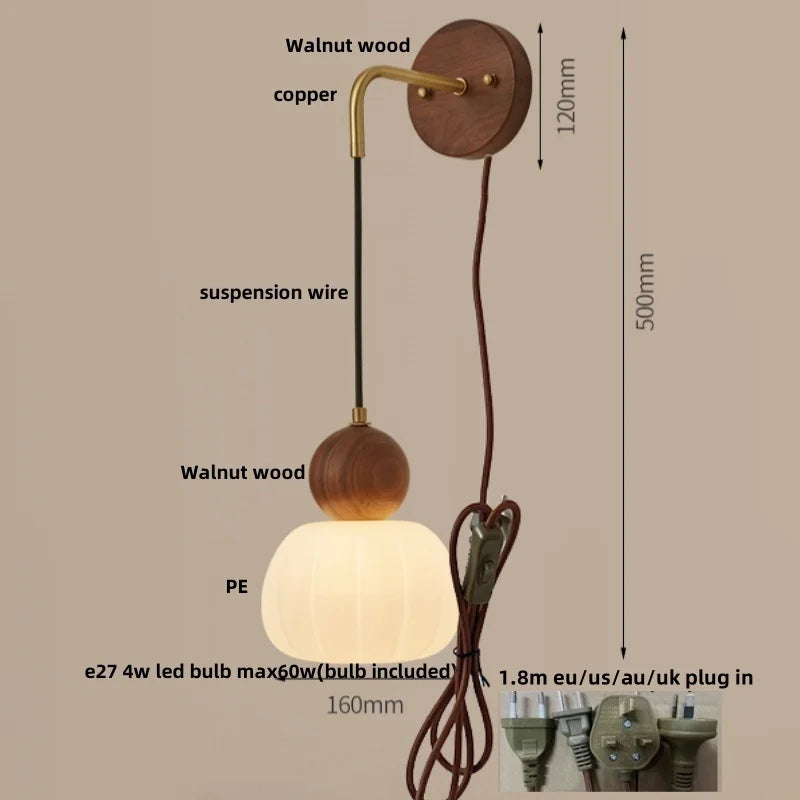 Helnys Amber LED Wall Lamp Walnut Wood Pull Chain Switch Applique Murale