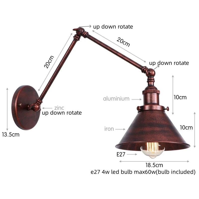 Helnys Vintage Iron LED Wall Lamp with Pull Chain Switch